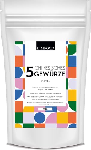 Limfood | 200g Chinesisches 5 Gewürze Pulver - China Gewürz mit Fenchel, Pfeffer, Sternanis, Ceylon Zimt, Nelken - Gewürzmischung für asiatische Gerichte von Limfood