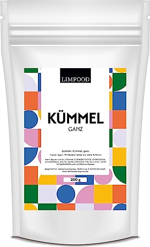 Limfood | 200g Kümmel ganz, Kümmelsamen, Kümmelkörner ohne Zusätze, auch als Kümmeltee, natürlicher Kümmel getrocknet ohne Zusätze, ideal als Brotgewürz von Limfood