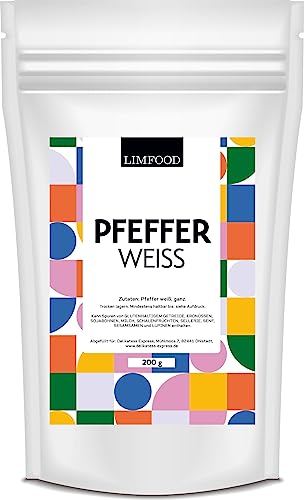 Limfood | 200g Pfeffer weiß ganz, ganze Körner, weiße Pfefferkörner ohne Zusätze oder Geschmacksverstärker, intensiv, frisch Limfood | 200g Pfeffer weiß ganz, ganze Körner, weiße Pfefferkörner ohne Zusätze oder Geschmacksverstärker, intensiv, frisch von Limfood
