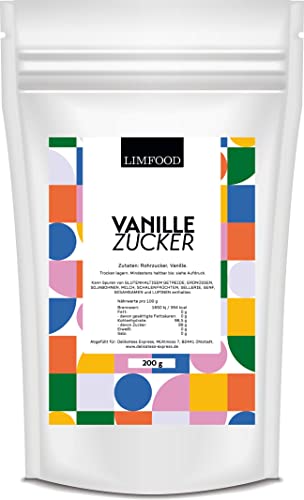 Limfood | 200g Vanillezucker, Vanille Zucker zum kochen & backen von Kuchen, feines Vanille-Aroma, Rohrzucker mit aromatischer Vanille, ohne Zusätze, aromatisiert Kuchen, Desserts, Obstsalat, Popcorn von Limfood