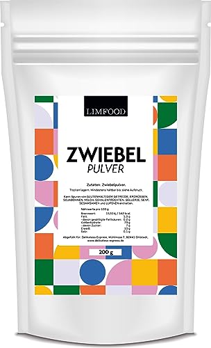 Limfood | 200g Zwiebelpulver, Zwiebel Pulver, gemahlen, fein gemahlenes Zwiebelpulver, intensives Zwiebelaroma von Limfood