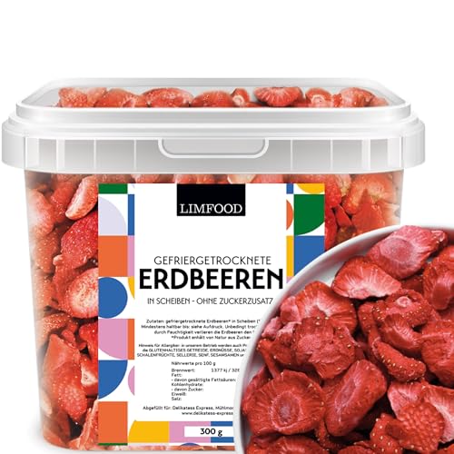 Limfood | 300g gefriergetrocknete Erdbeeren in Scheiben - gefriergetrocknete Erdbeeren - Früchte gefriergetrocknet - frei von Zusatzstoffen - große Scheiben - ohne Zuckerzusatz von Limfood