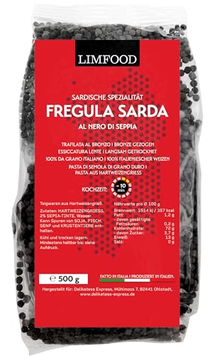 Limfood | 500g Fregola Sarda Pasta, Kugelpasta Tostada, Fregula Sarda fein, geröstet, sardische Nudeln Pasta-Spezialität, trafilata al bronzo (Seppia/Nero) von Limfood