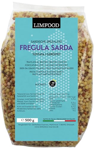 Limfood | 500g Fregola Sarda Pasta, Kugelpasta Tostada, Fregula Sarda fein, geröstet, sardische Nudeln Pasta-Spezialität, trafilata al bronzo (Kugelpasta Tostada) von Limfood