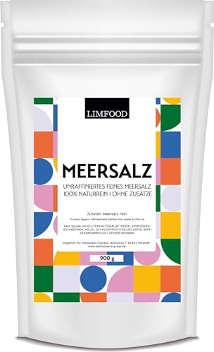 Limfood | 900g Meersalz fein ohne Jodzusatz, unraffiniertes feines Meersalz ohne Rieselhilfen, naturbelassenes Salz von Limfood