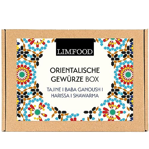 Limfood | Geschenkset Gewürze - Gewürzbox, Gewürzset mit 4 Gewürzen in Aroma Dosen - Geschenkkorb Kochen - Gewürzmischungen Länderküche - (Orientalische) von Limfood
