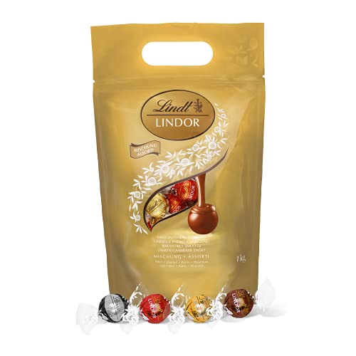 Lindt Lindor Kugeln Mischbeutel 1 kg, gefüllt mit zartschmelzenden, einzeln verpackten Lindor Kugeln in den Sorten Milch, Dunkel (60% Kakaoanteil), Weiß und Haselnuss von Lindt & Sprüngli