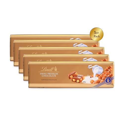 Lindt Alpenvollmilch Nuss Tafel, ganze geröstete Haselnüsse in feinster Alpenvollmilch Chocolade, 5er-Pack (5 x 300g) von Lindt