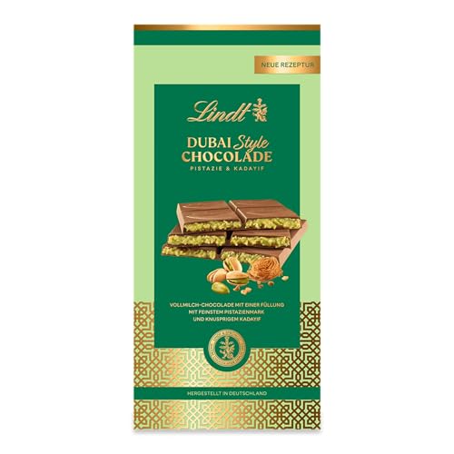 Lindt Dubai Style Chocolade | 145g Tafel | Feinste Vollmilch-Chocolade mit feinster Pistazienmark, Pistazien- und Mandelkrokant und knuspriger Kadayif Füllung | Schokoladentafel | Schokoladengeschenk von Lindt