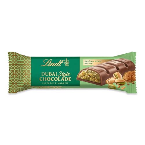 Lindt Dubai Style Riegel | 40g Riegel | Feinste Vollmilch-Chocolade mit feinster Pistazienmark, Pistazien- und Mandelkrokant und knuspriger Kadayif Füllung | Schokoladenriegel | Schokoladengeschenk von Lindt