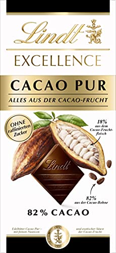 Lindt EXCELLENCE CACAO PUR - Edelbitter-Schokolade | 80 g Tafel | Ganz ohne raffinierten Zucker | Alles aus der Kakao-Frucht | Intensiver Kakao-Geschmack | Dunkle Schokolade | Vegane Schokolade von Lindt