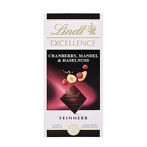 Lindt EXCELLENCE Cranberry, Mandel & Haselnuss - Feinherbe Schokolade | 100 g Tafel | Mit Cranberry-, Mandel- & Haselnuss-Stückchen | Intensiver Kakao-Geschmack | Dunkle Schokolade von Lindt