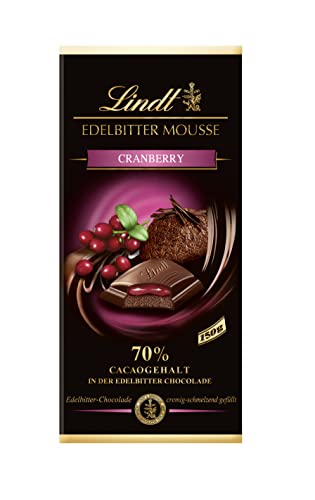 Lindt Schokolade Edelbitter Mousse Cranberry | 150 g Tafel | Mit 70 % Kakaogehalt und dunkler Mousse au Chocolat und Cranberry Füllung | Schokoladentafel | dunkle Schokolade Lindt Schokolade Edelbitter Mousse Cranberry | 150 g Tafel | Mit 70 % Kakaogehalt und dunkler Mousse au Chocolat und Cranberry Füllung | Schokoladentafel | dunkle Schokolade von Lindt
