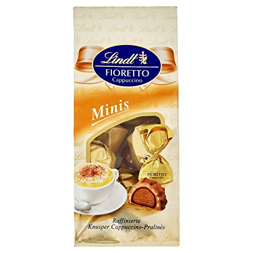 Lindt Fioretto Mini Cappuccino, raffiniertes Praliné mit feiner Cappuccino-Sahnecrème-Füllung umhüllt von knusprigem Crisp und feiner Vollmilch Chocolade, 10 Mini Fiorettos Cappuccino, 115g von Lindt