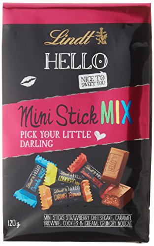 Lindt HELLO Mini Sticks Mix, je 3 Mini Sticks der Sorten Cookies & Cream, Crunchy Nougat, Caramel Brownie und Strawberry Cheesecake, 120g von LINDT