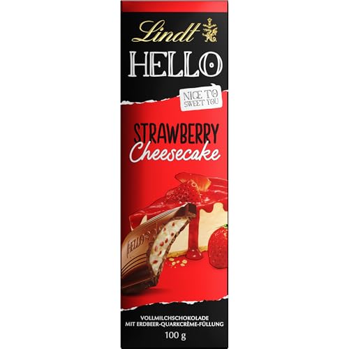 Lindt Schokolade HELLO Strawberry Cheesecake | 100 g Tafel | Vollmilch-Schokolade mit Erdbeer-Quarkcrème-Füllung | Schokoladentafel | Schokoladengeschenk von Lindt