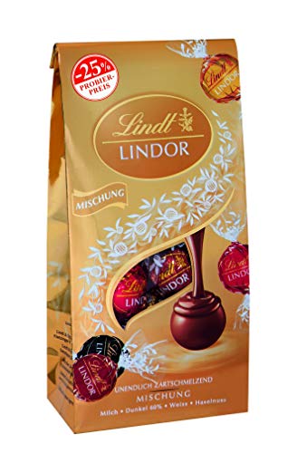 Lindt Schokolade LINDOR Mischung, Promo | 4x137 g Beutel | ca. 10 LINDOR Kugeln mit zartschmelzender Füllung in den Sorten Milch, Dark 60%, Weiß, Haselnuss | Pralinen-Geschenk| Schokoladen-Geschenk von Lindt