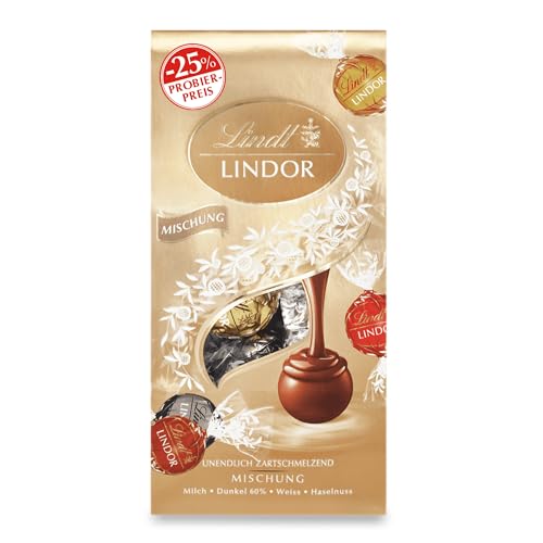 Lindt Schokolade LINDOR Mischung | Promo | 4 x 137g Beutel | ca. 10 LINDOR Kugeln mit zartschmelzender Füllung in den Sorten Milch, Dark 60%, Weiß, Haselnuss | Pralinen-Geschenk | Schokoladen-Geschenk von Lindt