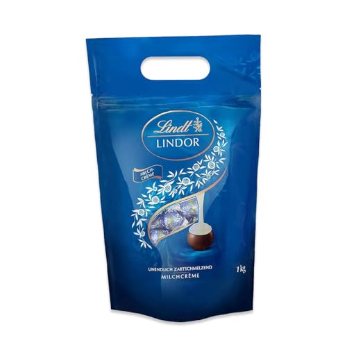 Lindt LINDOR Schokoladen Kugeln Milchcrème | 1 kg Beutel, wiederverschließbar l ca. 80 Milch-Schokolade mit Milchcrème-Füllung | Großpackung, Pralinen-Geschenk, Schokoladengeschenk von Lindt