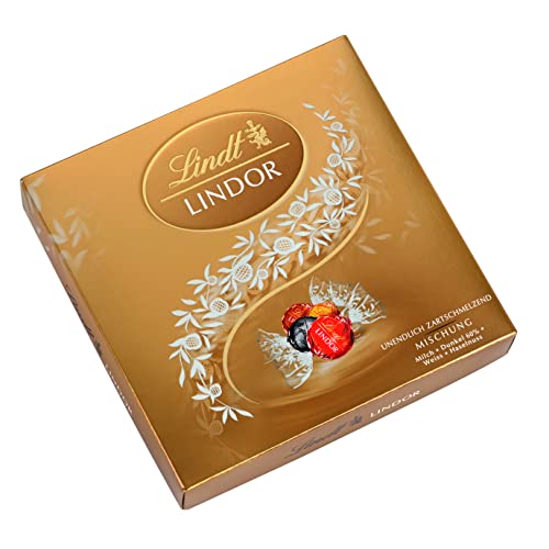 Lindt LINDOR Präsent Box Mischung, Schokoladengeschenk, ca. 15 LINDOR Kugeln, 4 Sorten (Vollmilch, Weiß, Dark 60% und Haselnuss), 187 g von Lindt