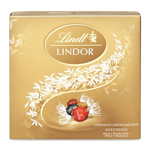 Lindt LINDOR Präsent Box Mischung, Schokoladengeschenk, ca. 15 LINDOR Kugeln, 4 Sorten (Vollmilch, Weiß, Dark 60% und Haselnuss), 187 g von Lindt