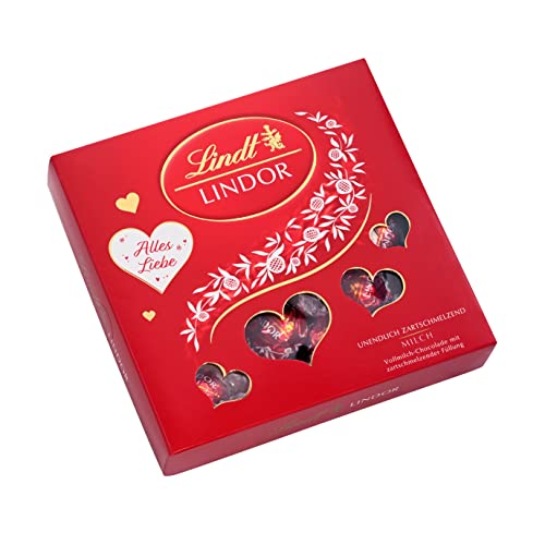 Lindt LINDOR Präsent mit Herz Cutouts, feinste Vollmilch Schokolade mit unendlich zartschmelzender Füllung, 1er Pack (1 x 187 g) von Lindt
