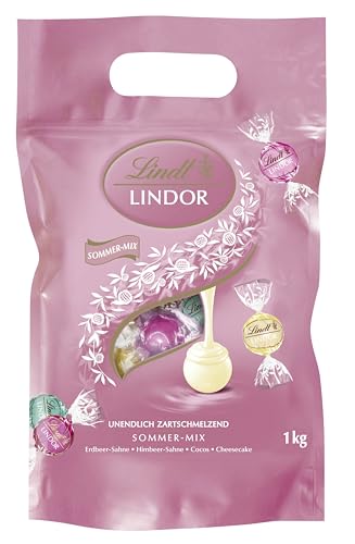 Lindt LINDOR Schokoladen Kugeln Sommer Mischung| 1 kg Beutel| 78 Schokoladen Kugeln | mit unendlich zartschmelzender Füllung| Schokoladengeschenk im Sommerbeutel | Jetzt gekühlter Versand von Lindt