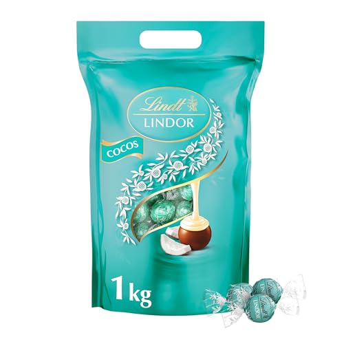 Lindt LINDOR Schokoladen Cocos | 1 kg Beutel, wiederverschließbar | ca. 80 Kugeln Milch-Schokolade mit Kokosnusscrèmefüllung | Großpackung, Pralinen-Geschenk, Schokoladengeschenk von Lindt