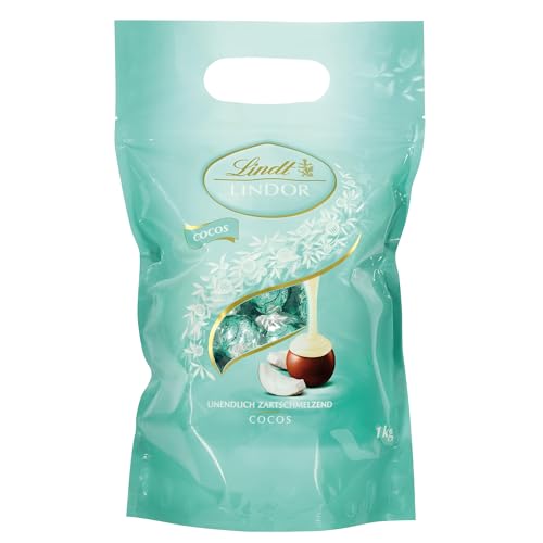 Lindt LINDOR Schokoladen Cocos | 1 kg Beutel, wiederverschließbar | ca. 80 Kugeln Milch-Schokolade mit Kokosnusscrèmefüllung | Großpackung, Pralinen-Geschenk, Schokoladengeschenk von Lindt