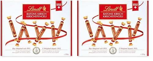 Lindt Schokolade Batons Kirschstengeli | 250 g | 32 Vollmilchschokoladestengli gefüllt mit flüssigem Schweizer Kirschlikör | Pralinengeschenk mit Alkohol | Schokoladengeschenk (Packung mit 2) von Lindt