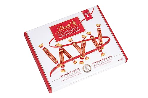 Lindt Schokolade Batons Kirschstengeli | 250 g | 32 Vollmilchschokoladestengli gefüllt mit flüssigem Schweizer Kirschlikör | Pralinengeschenk mit Alkohol | Schokoladengeschenk von Lindt
