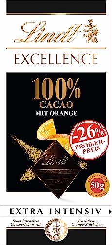 Lindt Schokolade EXCELLENCE 100 % Kakao + Orange, Promotion | 50 g Tafel | Extra intensiv | 100% Kakaoanteil und fruchtige Orangen Stückchen | Dunkle Schokolade | Vegane Schokolade |Schokoladentafel von Lindt