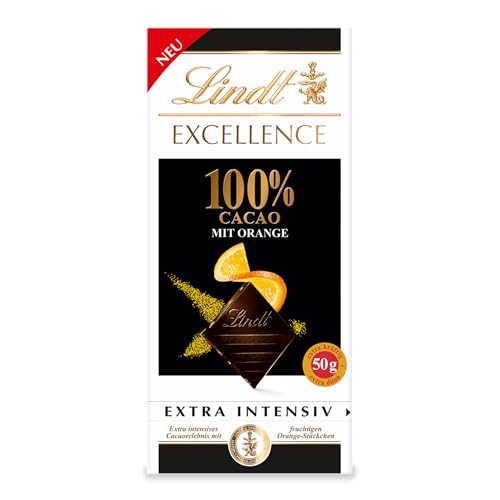 Lindt Schokolade EXCELLENCE 100 % Kakao und Orange Tafel | Extra intensiv | Mit 100 % Kakaoanteil und fruchtigen Orangen Stückchen | Dunkle Schokolade | Vegane Schokolade | Schokoladentafelc, 50g von Lindt