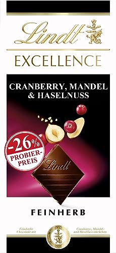 Lindt Schokolade EXCELLENCE Cranberry, Mandel & Haselnuss, Promotion | 100 g Tafel | Feinherbe Schokolade mit Cranberry-, Mandel- und Haselnussstückchen | Schokoladentafel von Lindt