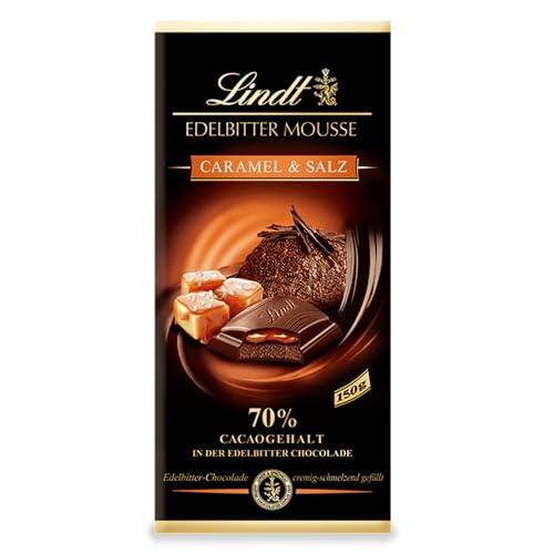 Lindt Schokolade Edelbitter Mousse Caramel & Salz | 150 g Tafel | Mit 70 % Kakaogehalt und dunkler Mousse au Chocolat und Karamell-Salz Füllung | Schokoladentafel | dunkle Schokolade von Lindt