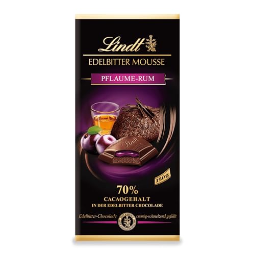 Lindt Schokolade Edelbitter Mousse Pflaume-Rum | 150 g Tafel | Mit 70 % Kakaogehalt und dunkler Mousse au Chocolat und Pflaume-Rum Füllung | Schokoladentafel | Schokoladengeschenk | dunkle Schokolade von Lindt