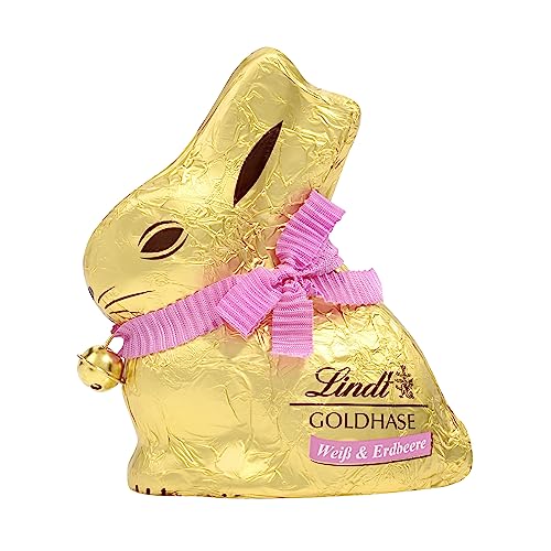 Lindt Schokolade GOLDHASE | 100 g GOLDHASE | Weiße Premium Schokolade mit Erdbeerstückchen in Hasenform zu Ostern | Osterschokolade | Schokoladengeschenk | Schokoladenhase | Osterhase von Lindt