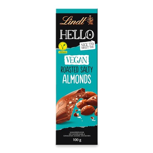 Lindt Schokolade HELLO Vegan Roasted Salty Almonds | 100 g Tafel | Vegan mit Kakao, mildem Mandelmark und gesalzenen Mandel-Stückchen | Schokoladengeschenk von Lindt