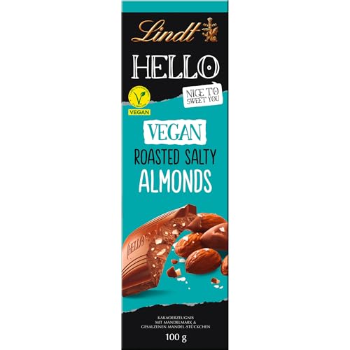 Lindt Schokolade HELLO Vegan Roasted Salty Almonds | 100 g Tafel | Vegan mit Kakao, mildem Mandelmark und gesalzenen Mandel-Stückchen | Schokoladengeschenk von Lindt