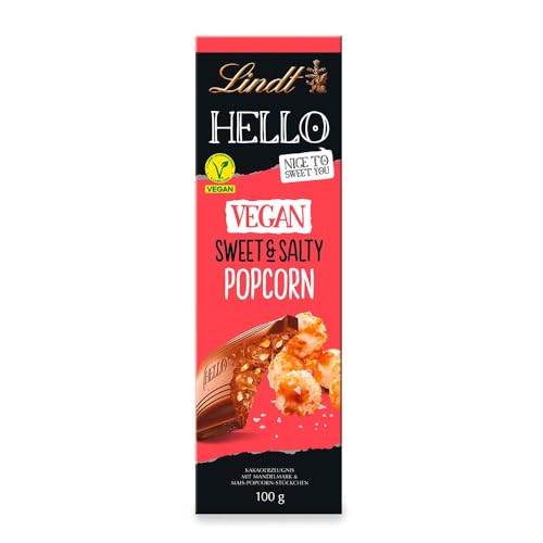 Lindt Schokolade HELLO Vegan Sweet'n Salty Popcorn | 100 g Tafel | Vegane Schokolade mit Haferdrink | Mandelmark und Mais-Popcorn-Stückchen | Schokoladentafel | Schokoladengeschenk von Lindt