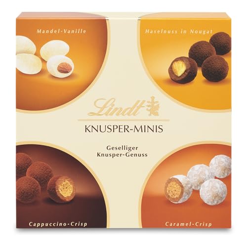 Lindt Schokolade Knusper Minis | 200 g | Geselliger Knuspergenuss in den Sorten Cappuchino Crisp, Caramel Crisp, Haselnuss in Nougat und Vanille-Mandel | Pralinengeschenk | Schokoladengeschenk von Lindt