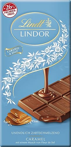 Lindt Schokolade LINDOR Caramel & Salz, Promotion | 100 g | Vollmilch-Schokolade mit einem Hauch Fleur de Sel & zartschmelzender Karamell-Füllung | Schokoladentafel | Schokoladengeschenk, 2023 Version von Lindt