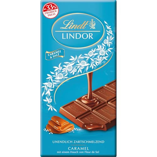 Lindt Schokolade LINDOR Caramel & Salz | 100g Tafel | Vollmilch-Schokolade mit einem Hauch Fleur de Sel und unendlich zartschmelzender Karamell-Füllung | Promotion | Schokoladentafel von Lindt