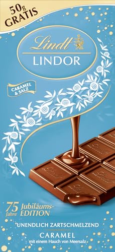 Lindt Schokolade LINDOR Caramel & Salz | 150g Tafel | Vollmilch-Schokolade mit einem Hauch Fleur de Sel und zartschmelzender Karamell-Füllung | Schokoladentafel | LINDOR 75 Jahre Jubiläums Edition von Lindt