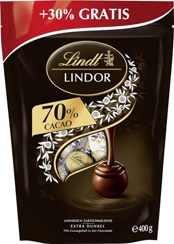 Lindt Schokolade LINDOR Kugeln Edelbitter | 400 g | Ca. 30 Kugeln Edelbitterschokolade mit 70% Kakao mit dunkler zartschmelzender Füllung | Pralinengeschenk | Schokoladengeschenk von Lindt