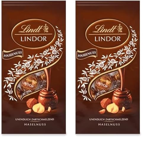 Lindt Schokolade LINDOR Kugeln Haselnuss Milchschokolade| 137 g Beutel | ca. 10 Kugeln Vollmilchschokolade mit zartschmelzender Nuss-Füllung | Pralinen-Geschenk | Schokoladen-Geschenk (Packung mit 2) von Lindt