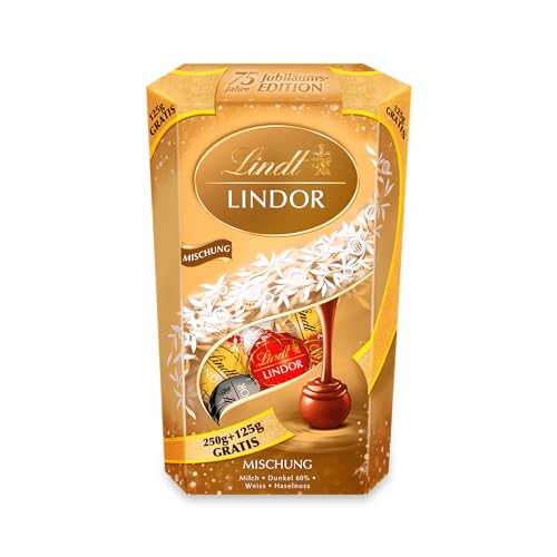 Lindt Schokolade LINDOR Kugeln Mischung | 375 g Cornet | Schokoladen-Kugeln mit zartschmelzender Füllung (Vollmilch, Weiß, Dark und Haselnuss | Pralinen-Geschenk | Schokoladen-Geschenk von Lindt