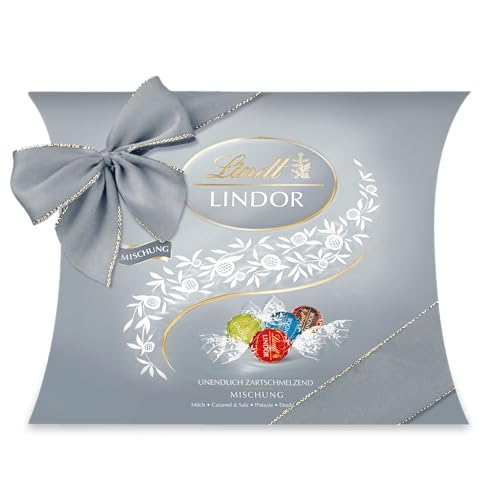 Lindt Schokolade LINDOR Mischung Silber | Ca. 26 Kugeln mit zartschmelzender Füllung in den Sorten Milch, Caramel & Salz, Pistazie, Double Chocolate | Pralinen Geschenk | Schokoladengeschenk, 325g von Lindt