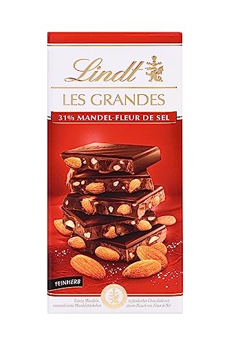 Lindt Schokolade Les Grandes Salz-Mandel | 150 g Tafel | Ganze gesalzene Mandeln und karamellisierte Mandel-Stückchen in feinherber Schokolade | Schokoladentafel | Schokoladengeschenk von Lindt