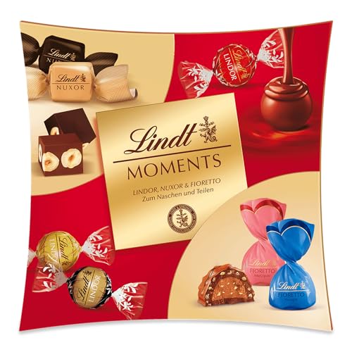 Lindt Schokolade Moments Sharing | 223g | Raffinierte Mischung aus feinsten LINDOR Kugeln, knackig-nussiger NUXOR Gianduja-Schokolade und knusprigen FIORETTO Pralinés | Schokoladen-Geschenk von Lindt